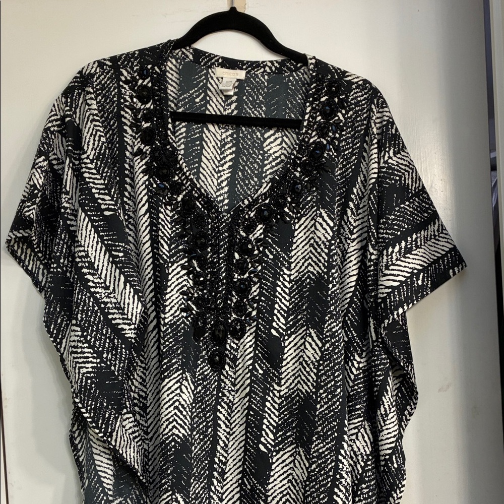 Chico's Black and White Poncho Style Top with Embellishment